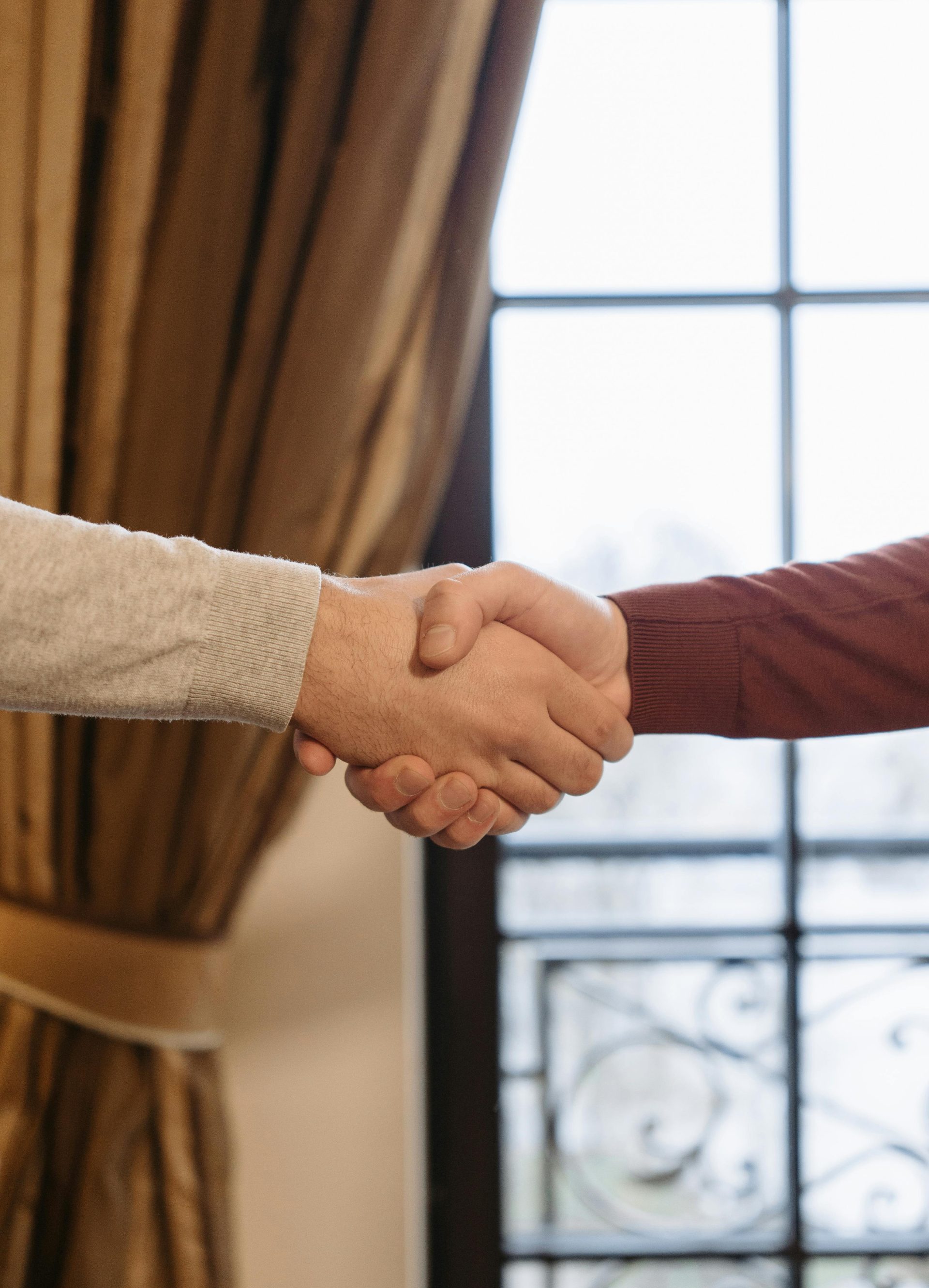 Primer plano de dos adultos dándose la mano en el interior, junto a una ventana.